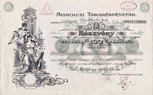 Miskolci Takarékpénztár Részvénytársaság részvény 5x20 100 pengő 1927